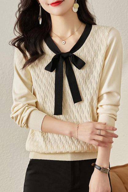 Tie Knit Shirt Lantern Sleeves Pullover Tops