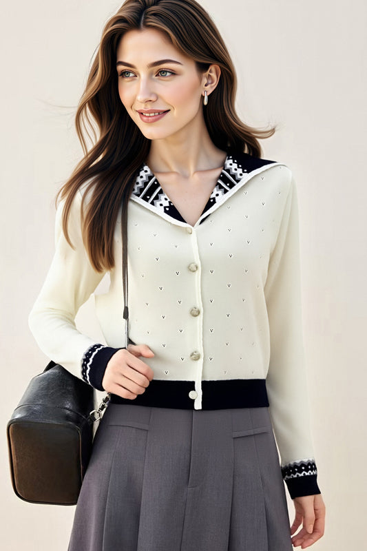 Women's Sailor Collar Long Sleeve Stripe Cardigan Sweater