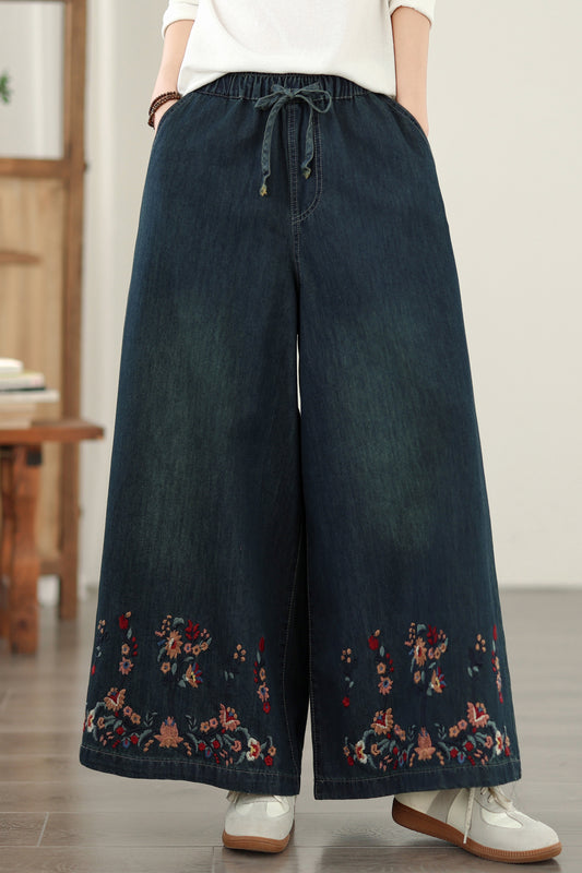 Women's Baggy Jeans Embroidery Elastic Waist Denim Pants