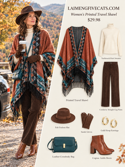 28690-Women's Printed Fringe Travel Shawl – Rust & Teal - LAI MENG FIVE CATS