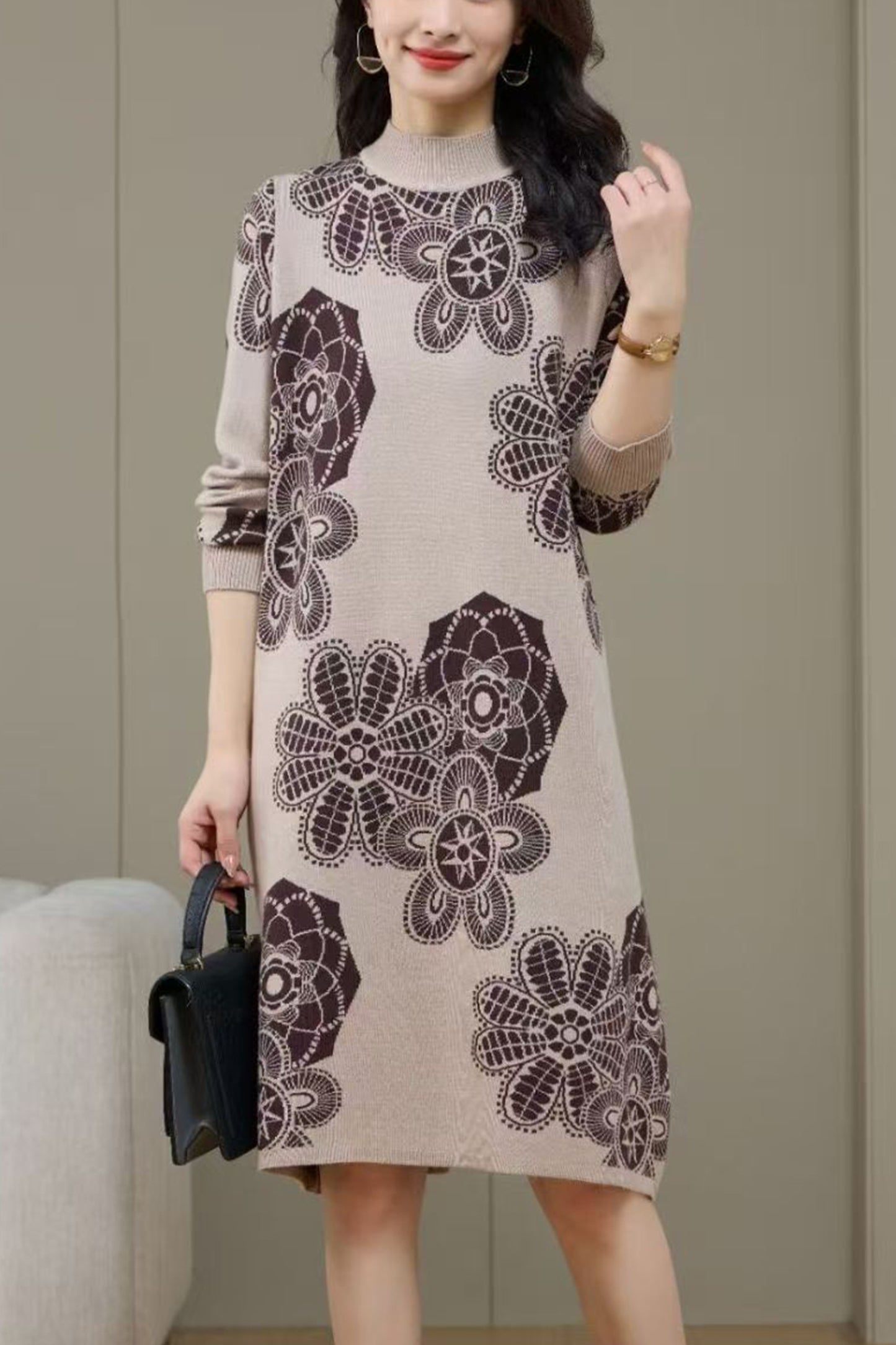 Women's Turtleneck Print Pullover Sweater Midi Dress