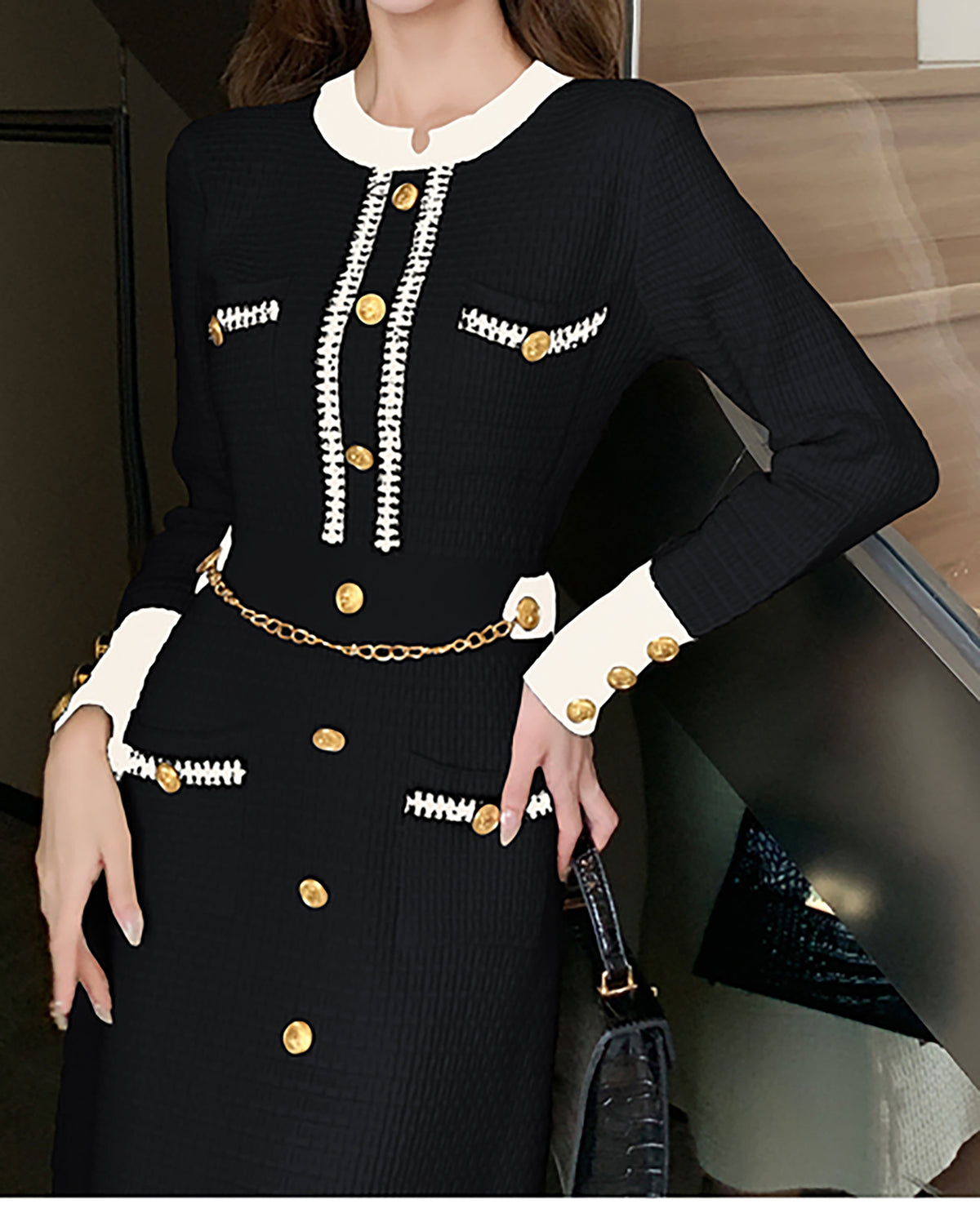 28701 Gold-Button Knit Mini Dress – Black & Ivory