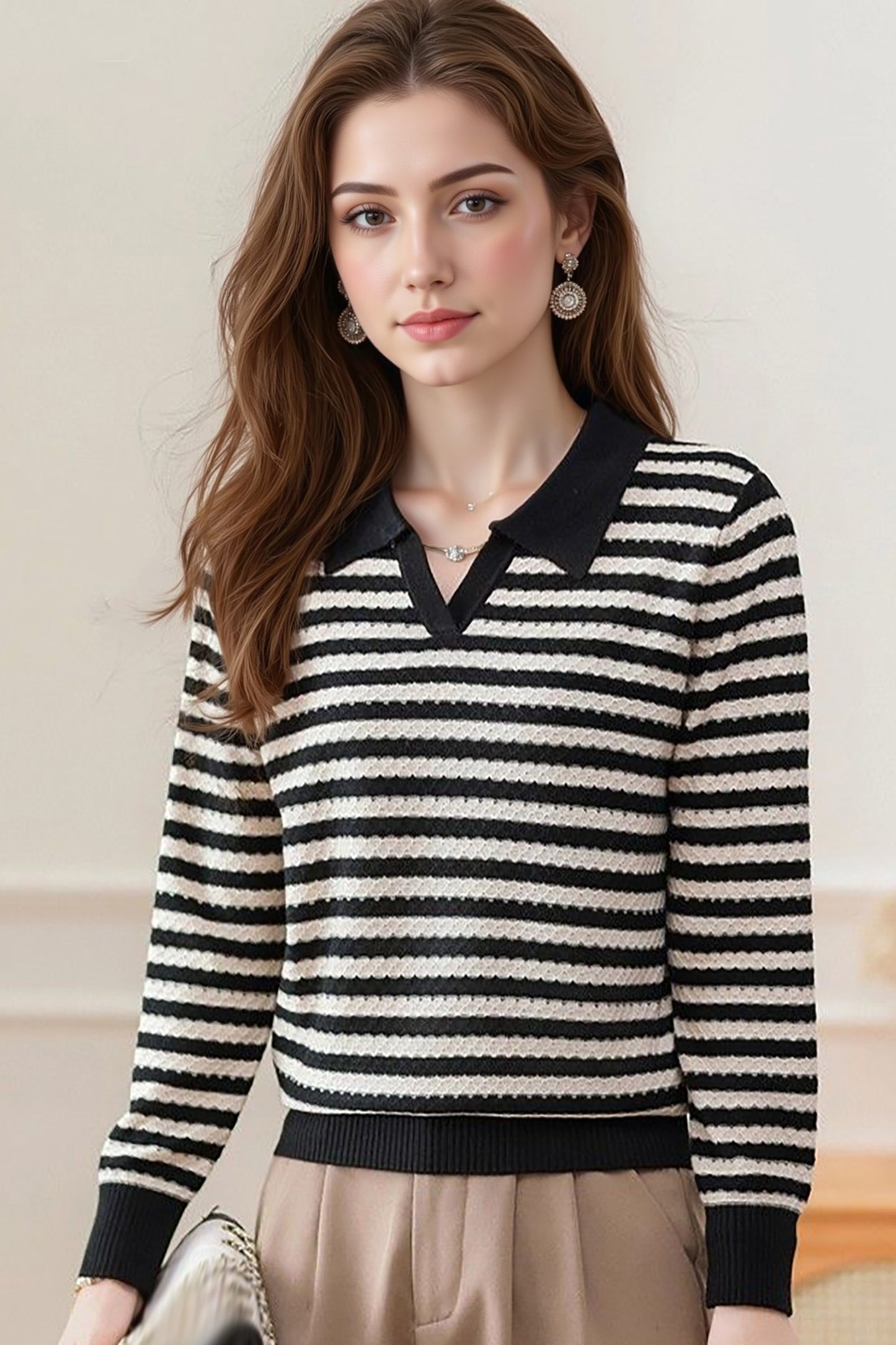 Women's Striped Sweater Lapel Ribbed Pullover Knit