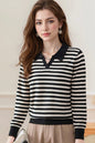 Women's Striped Sweater Lapel Ribbed Pullover Knit