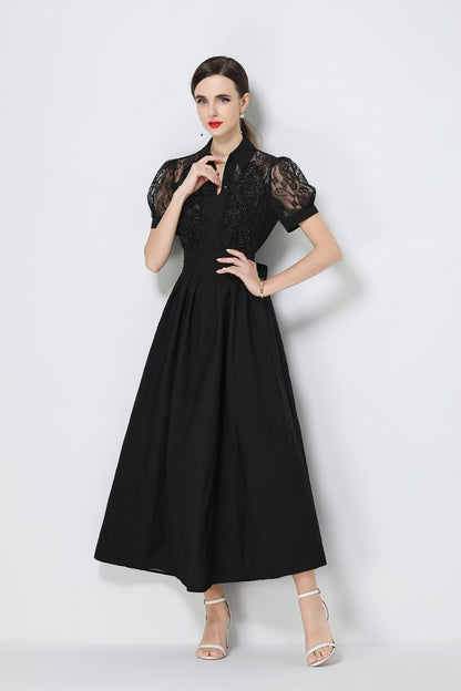 Elegant V-Neck Puff Sleeve Lace Jacquard Maxi Black Dress