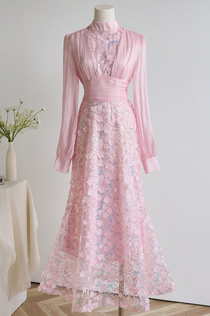 Elegant Sequin Embroidered 3D Floral Maxi Evening Dress
