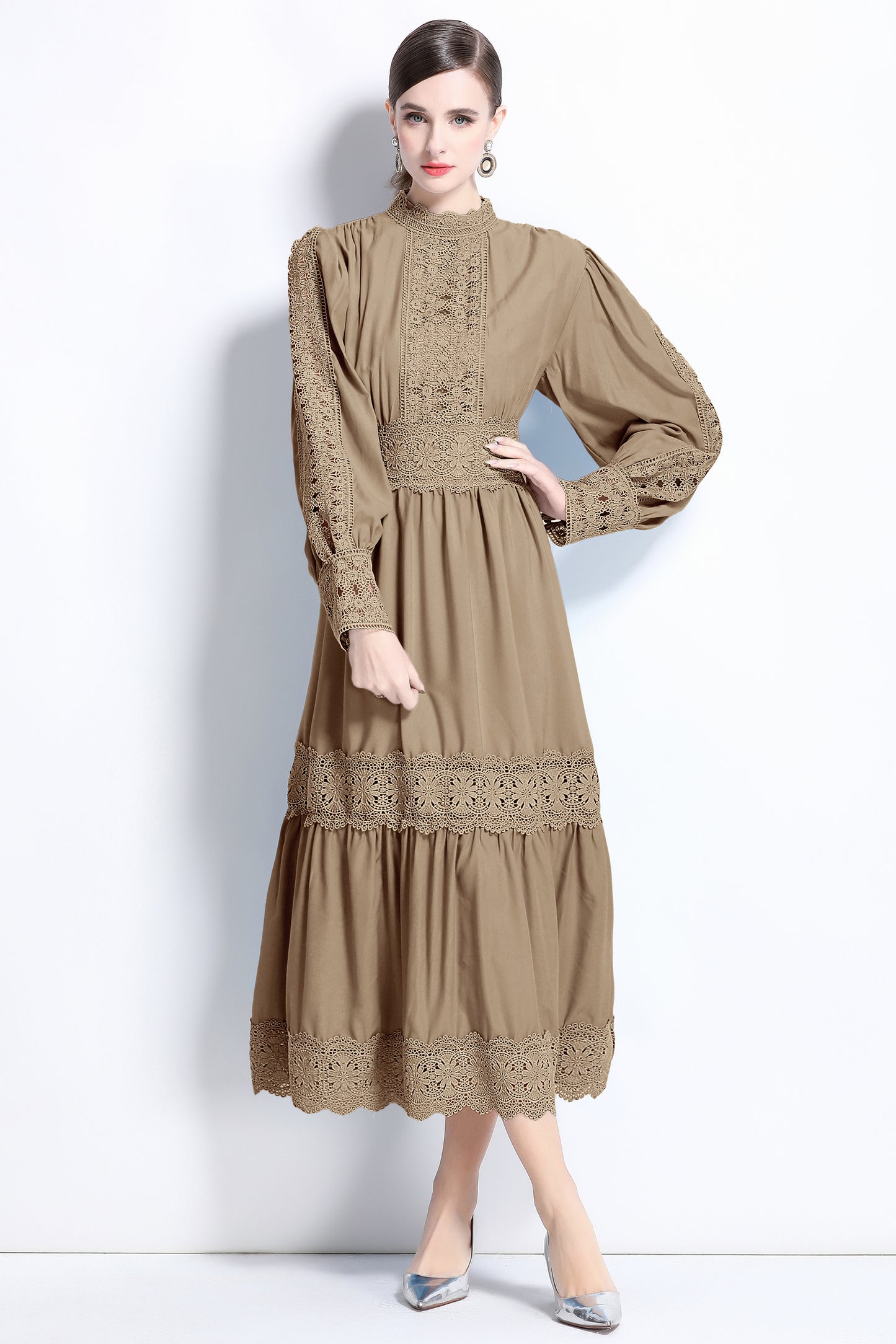 Women's Palace Long Puff Sleeve Lace Maxi Dress