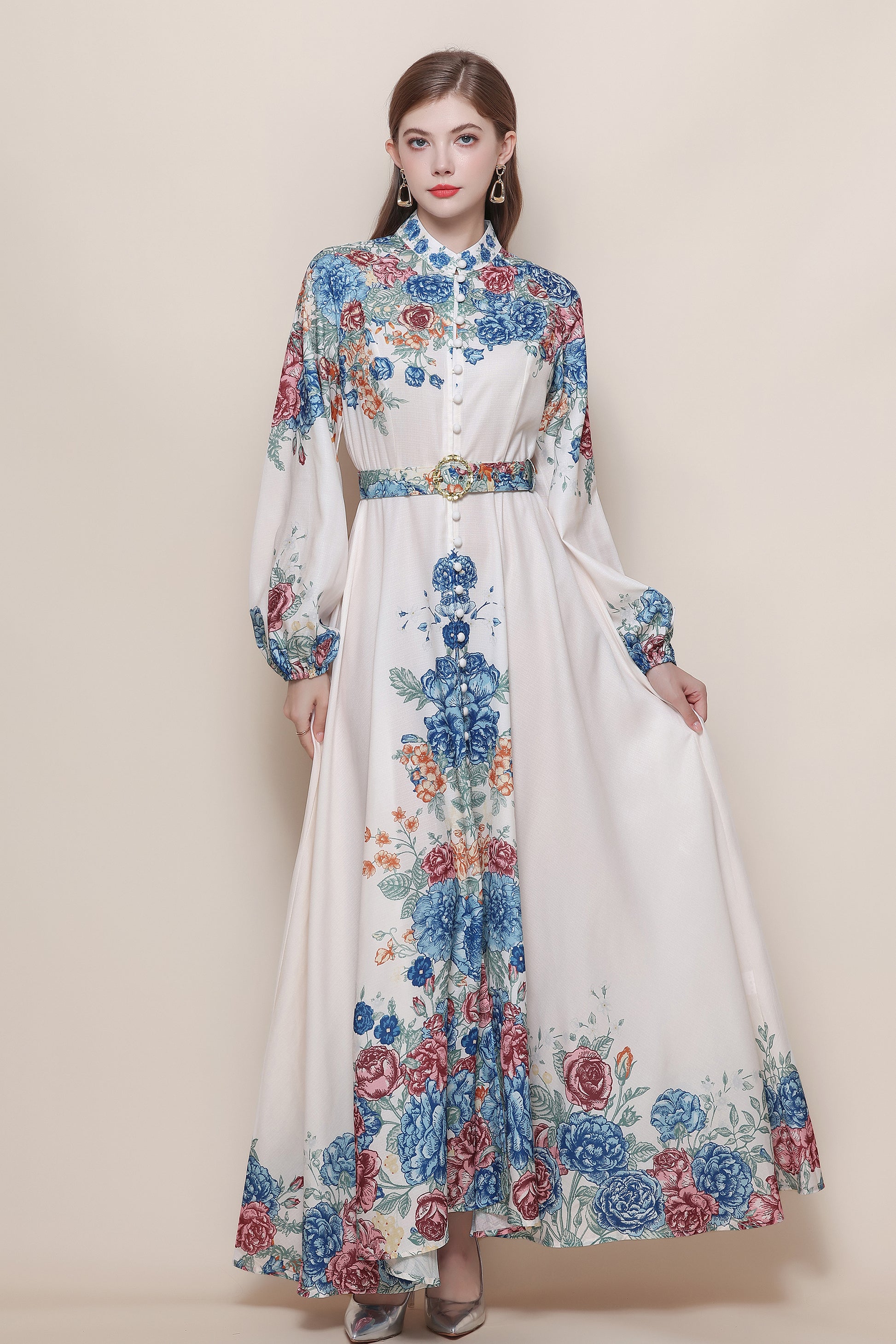 26-Women's Floral Print Puff Sleeve Button Maxi Dress - LAI MENG FIVE CATS