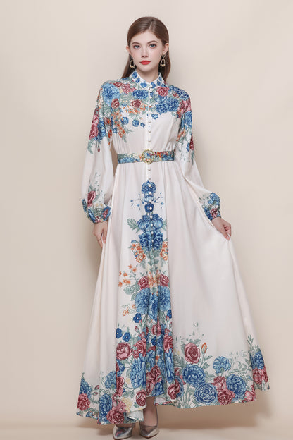 26-Women's Floral Print Puff Sleeve Button Maxi Dress - LAI MENG FIVE CATS