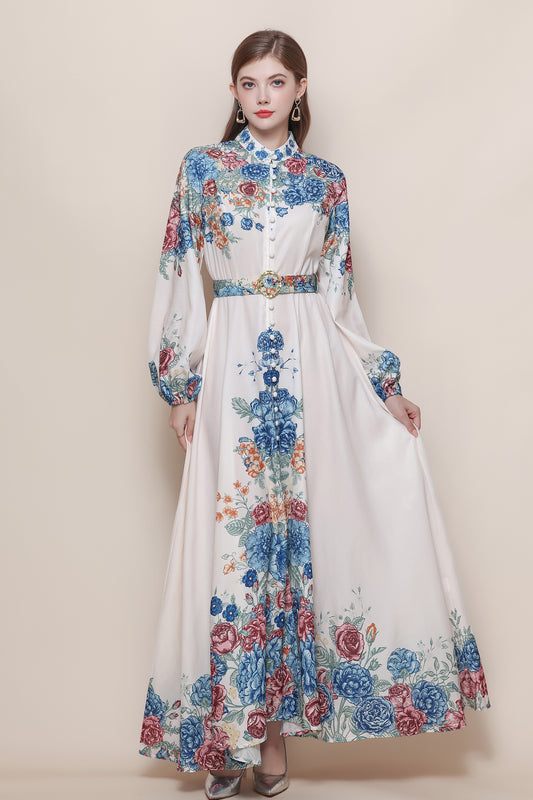 26-Women's Floral Print Puff Sleeve Button Maxi Dress - LAI MENG FIVE CATS