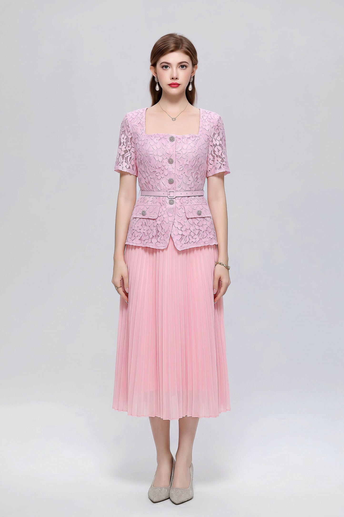 Graceful Square Neck Lace Pleated Button Midi Dress