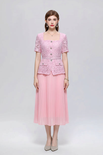 Graceful Square Neck Lace Pleated Button Midi Dress