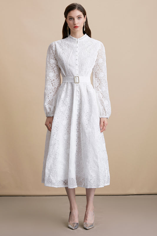 Women's Lace Stand Collar Puff Sleeve Midi Dress