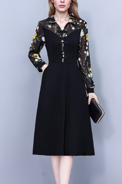 Women's V-Neck Long Sleeve with Pockets Black Dress - LAI MENG FIVE CATS