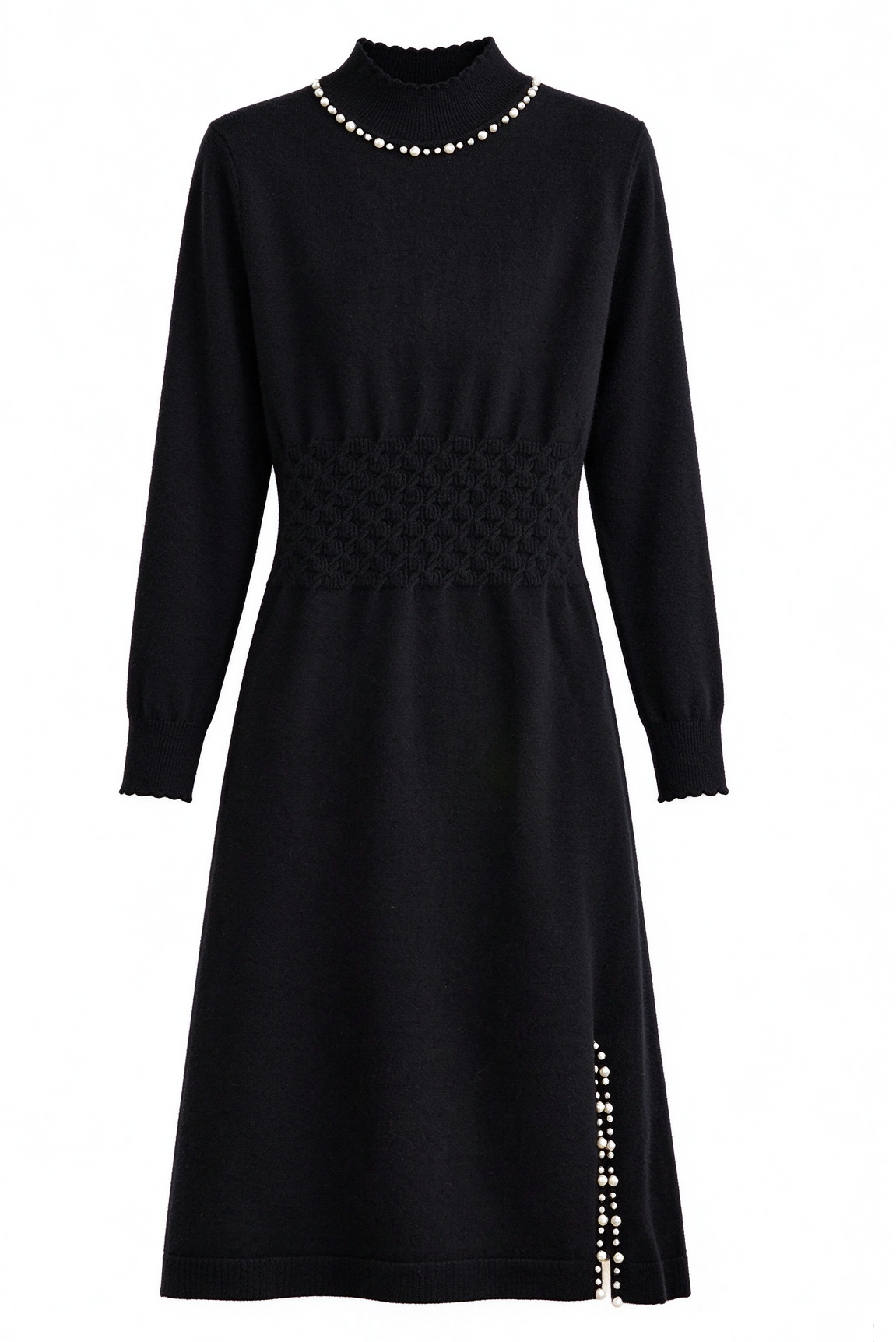 28711 Mock Neck Knit Dress With Pearl Slit Detail - LAI MENG FIVE CATS