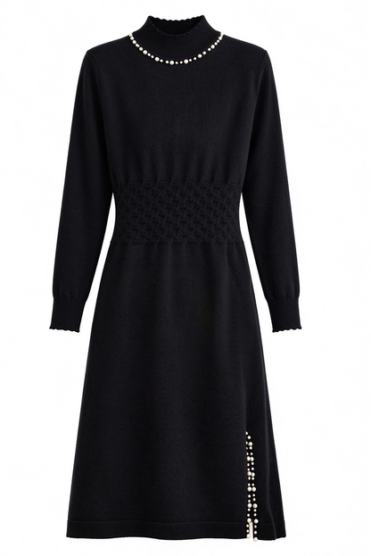 28711 Mock Neck Knit Dress With Pearl Slit Detail - LAI MENG FIVE CATS