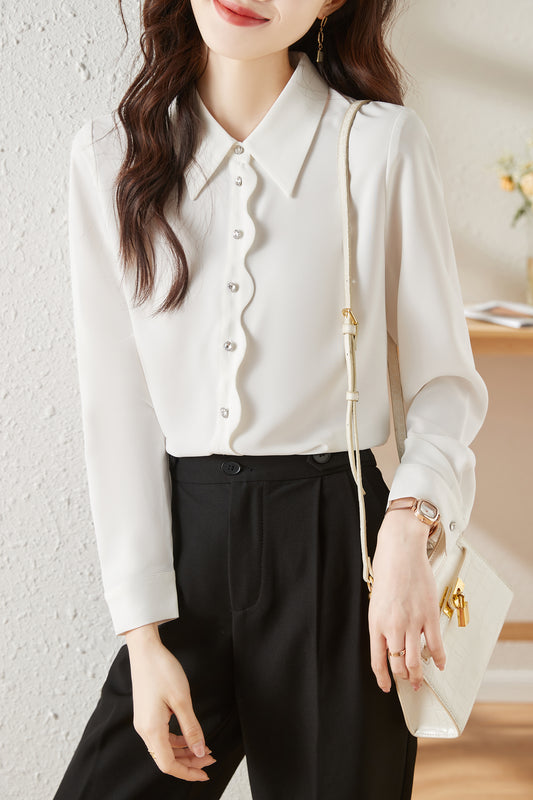 Women's V Neck Lantern Sleeve Blouse Button Tops