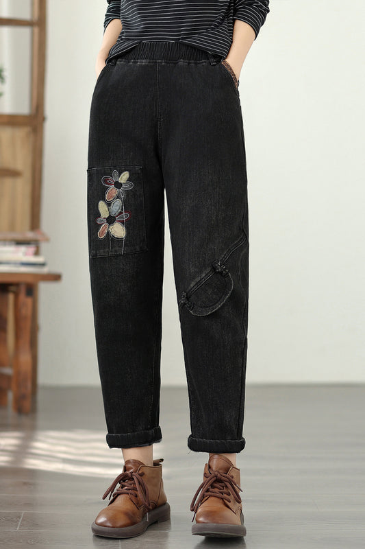 Women's Elastic Waist Embroidery Denim Jeans
