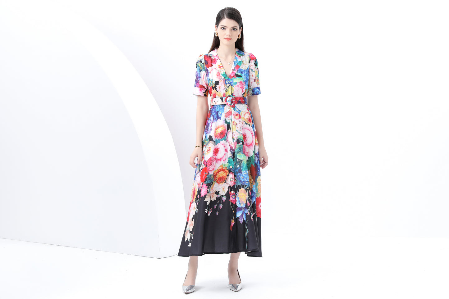 Women's V-Neck Button Floral Print Maxi Dress