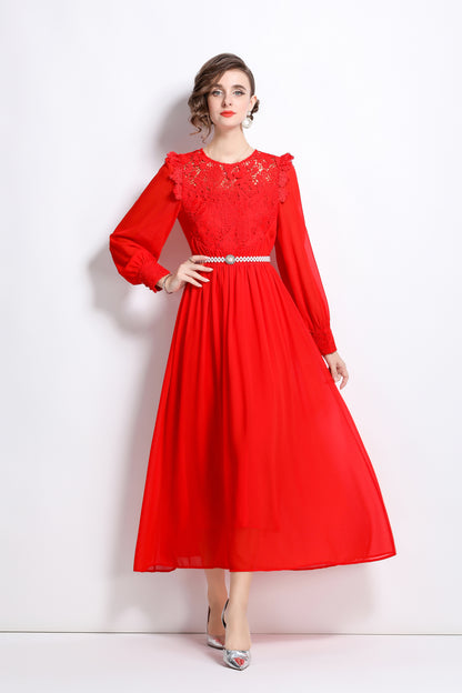 Lace Chiffon Puff Sleeves Maxi Dress with Belt