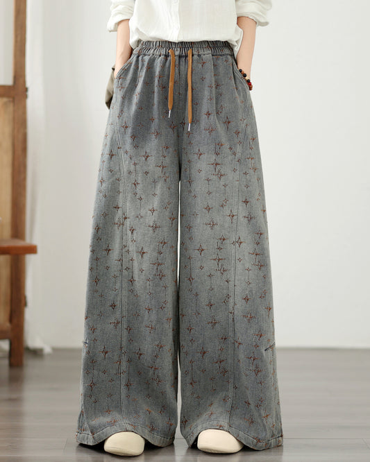 Effortless Chic: Star Pattern Wide-Leg Baggy Jeans - LAI MENG FIVE CATS