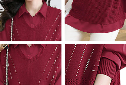 Women's 2-in-1 Layered Knit Vest Top — Shirt Collar with Dotted Trim