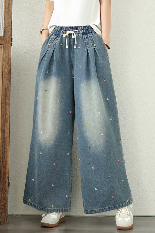 Women's Jeans Elastic Waist Wide Leg Denim Pants