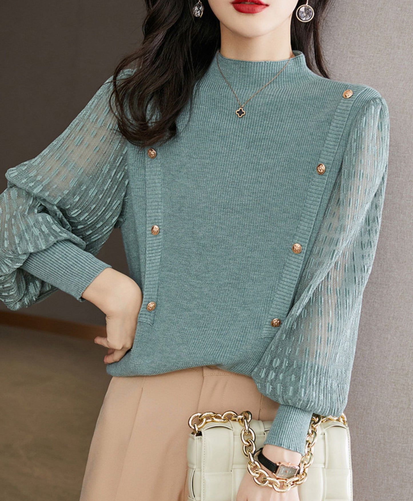 Soft Mock Neck Puff Sleeve Knit Top | Pink & Sage Green