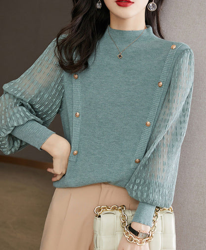 Soft Mock Neck Puff Sleeve Knit Top | Pink & Sage Green