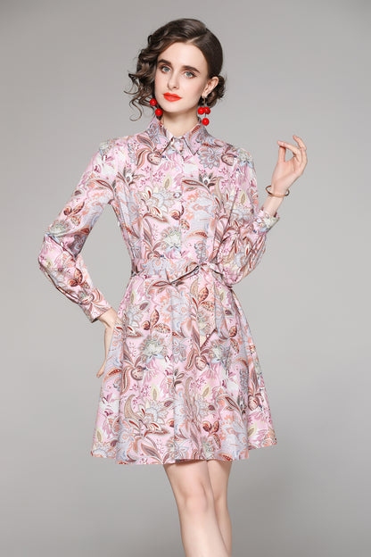 SSY-Women's Long Sleeve Lapel Collar Floral Mini Dress