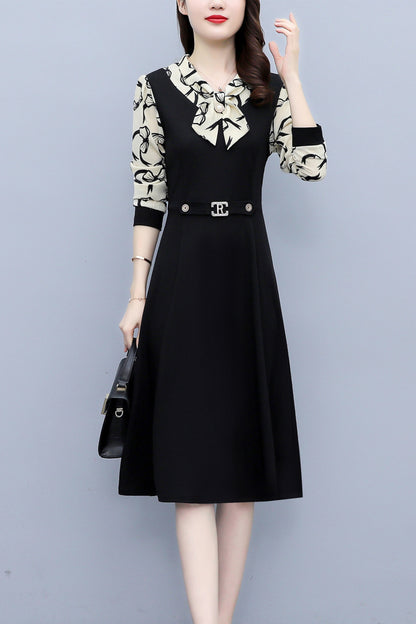 Women's Elegant Tie Neck Long Sleeve Black Dress - LAI MENG FIVE CATS