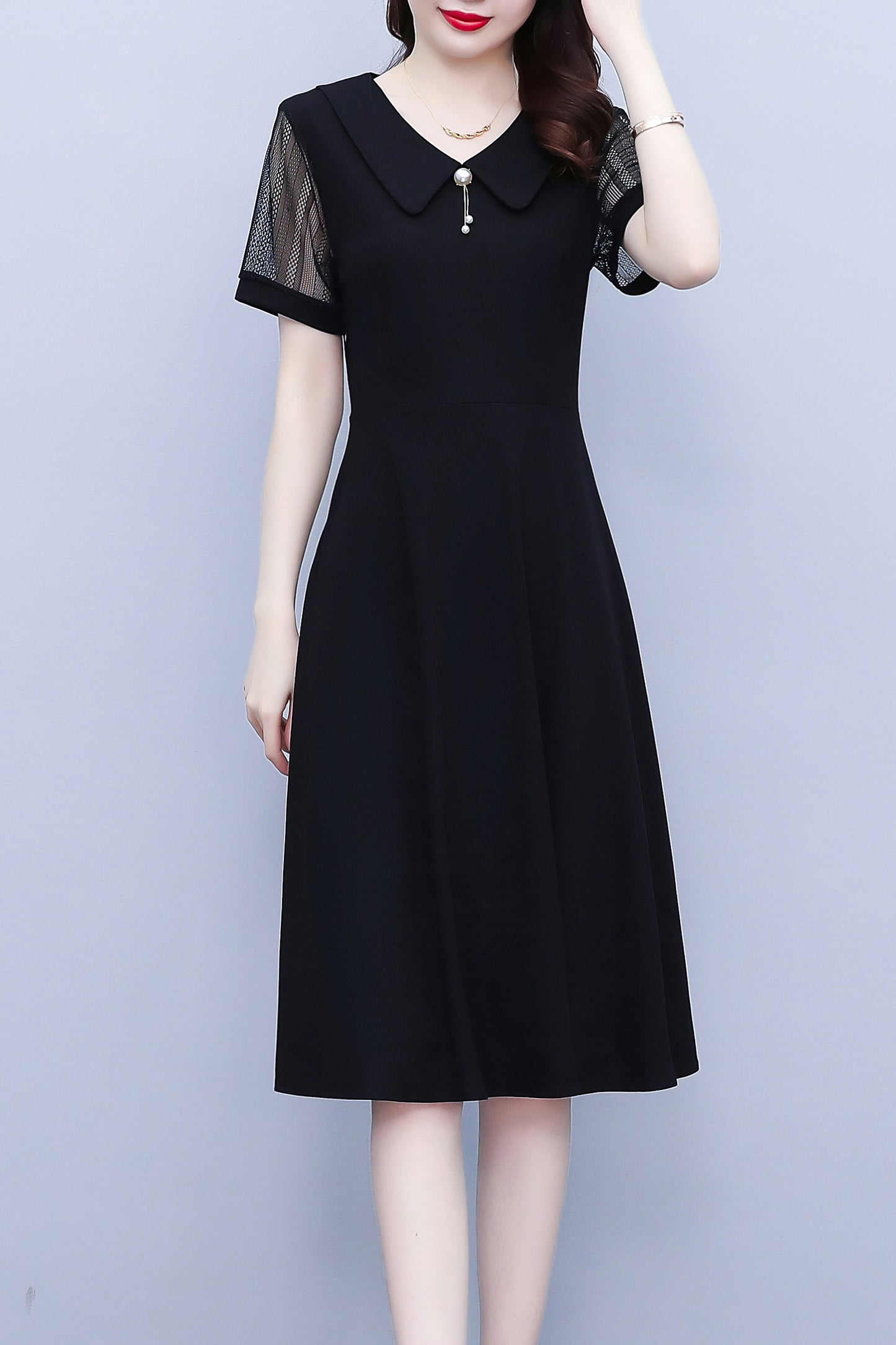 26-Women's Peter Pan Collar Short Sleeve Midi Dress – LAI MENG FIVE CATS