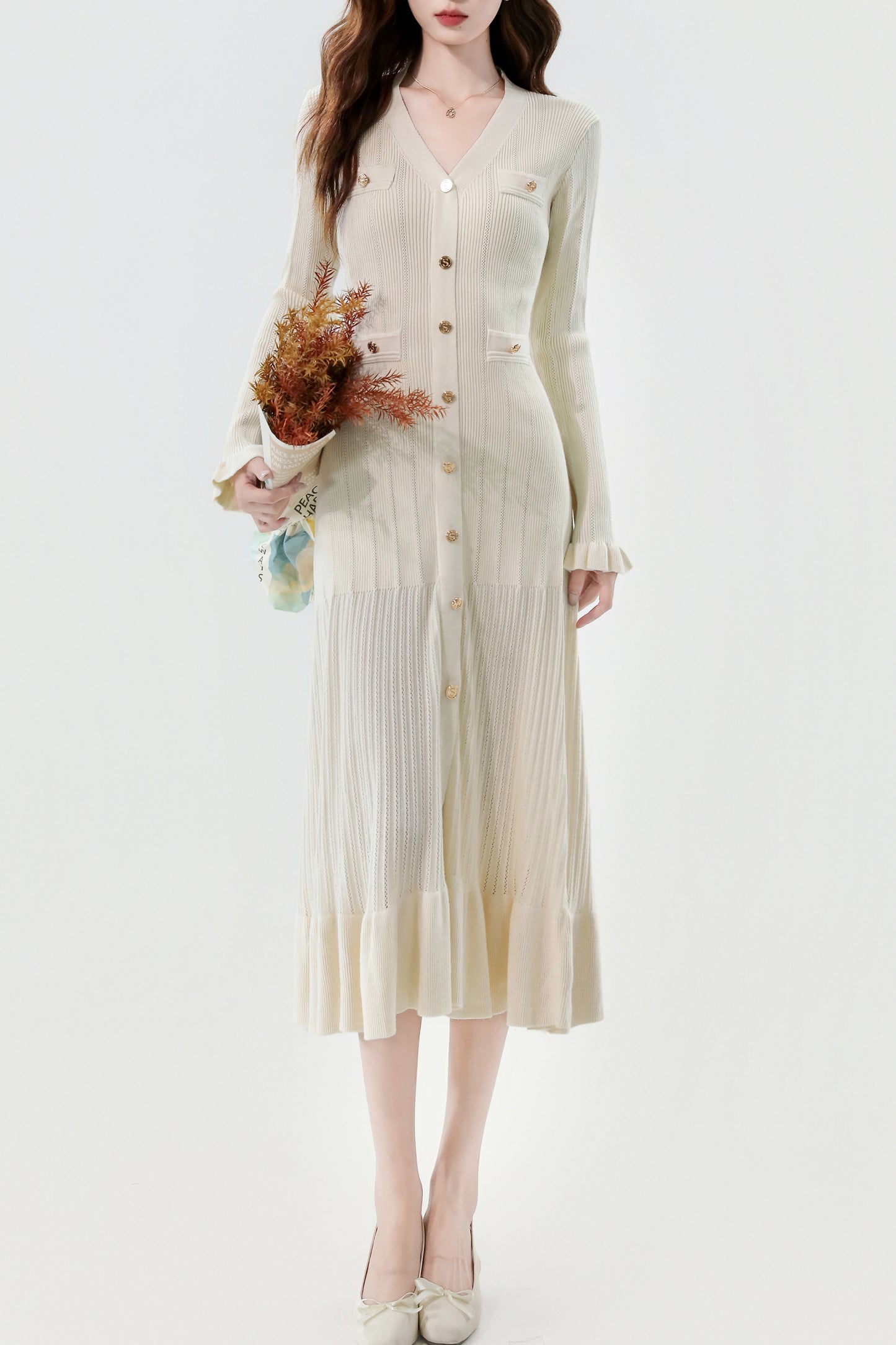 Women's V-Neck Sweater Knit Fishtail Hem Midi Dress