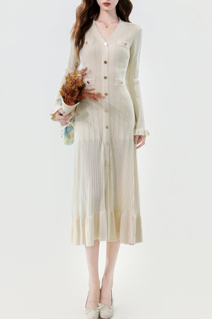 Women's V-Neck Sweater Knit Fishtail Hem Midi Dress