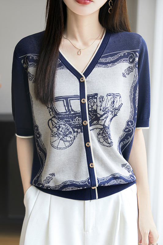 Women's Print V-Neck Thin Knitted Cardigan Shirt