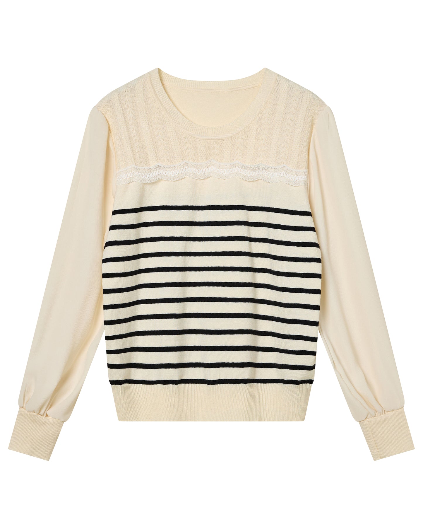 Ivory Striped Lace-Detail Knit Sweater with Chiffon Sleeves