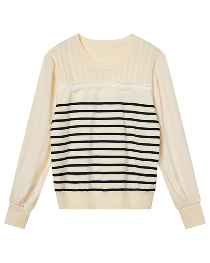Ivory Striped Lace-Detail Knit Sweater with Chiffon Sleeves