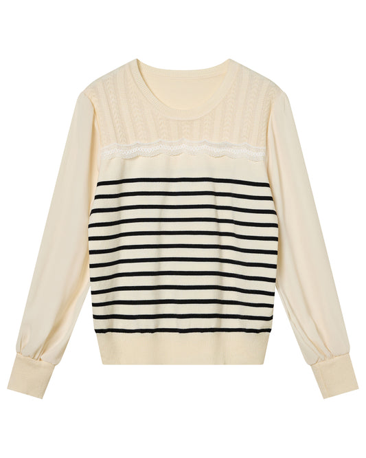 Ivory Striped Lace-Detail Knit Sweater with Chiffon Sleeves
