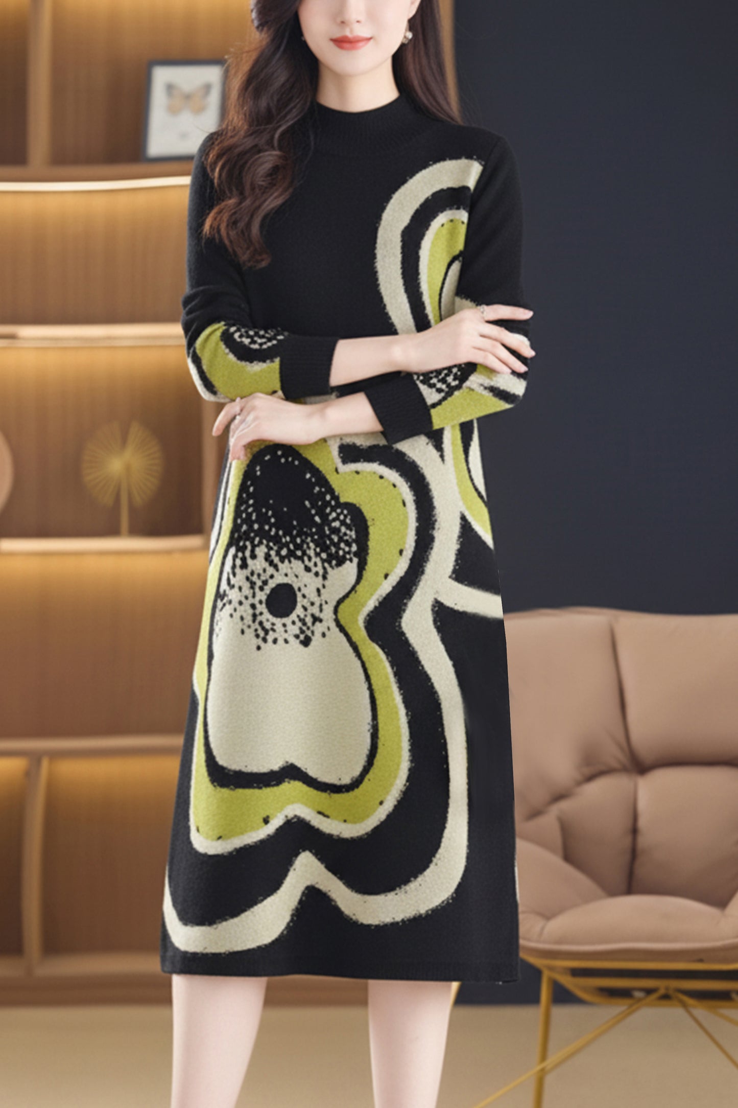 Women's Fashion Print Knit Pullover Sweater Midi Dress