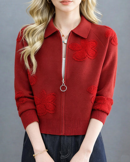 Textured Knit Zip-Up Cardigan Polo Collar Cropped Outerwear