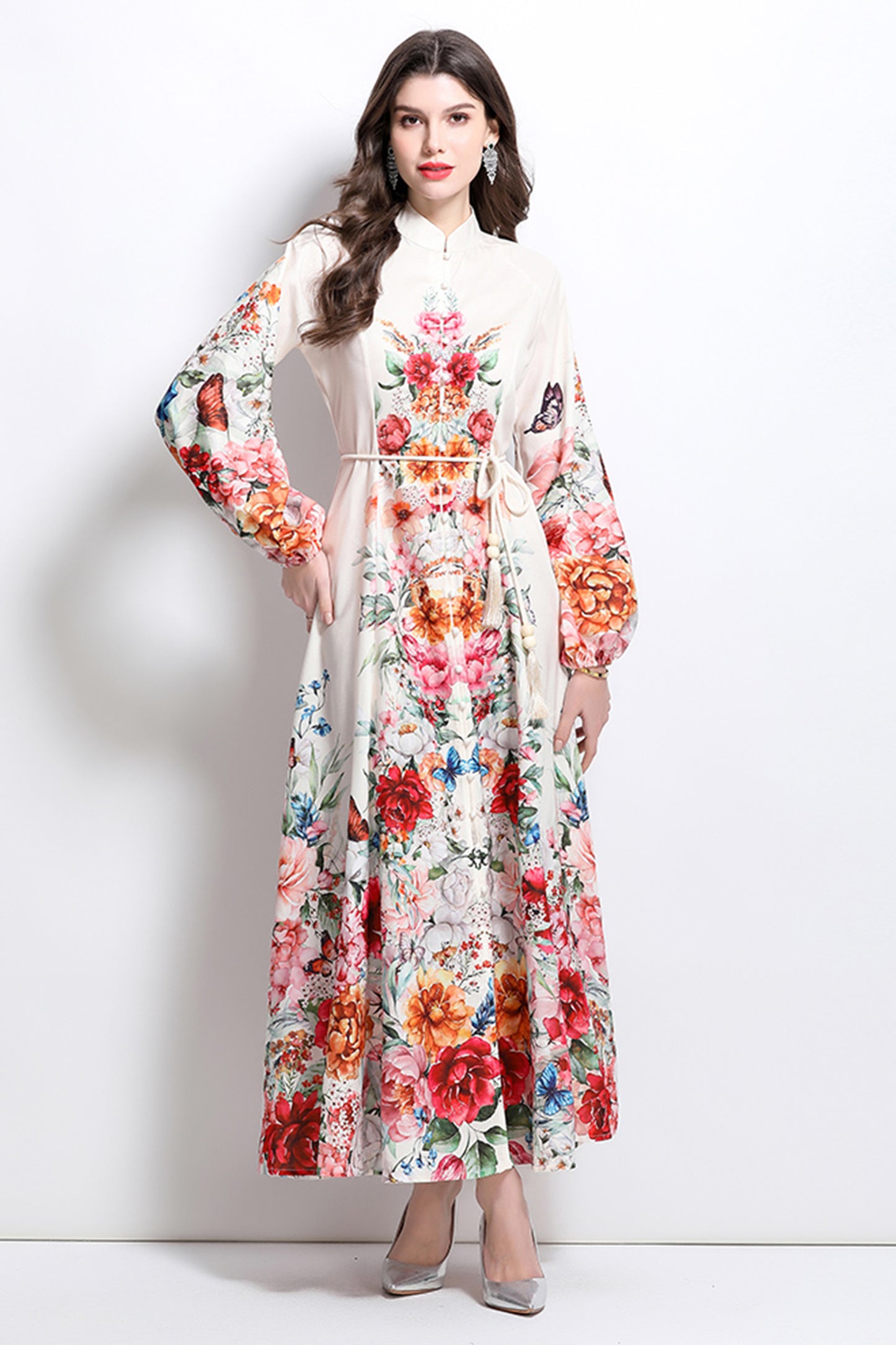 Women's Floral Print Puff Sleeve Split Party Maxi Dress