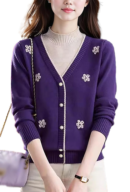 Floral Embroidered V-Neck Knit Sweater Pullover Top Fall Layered
