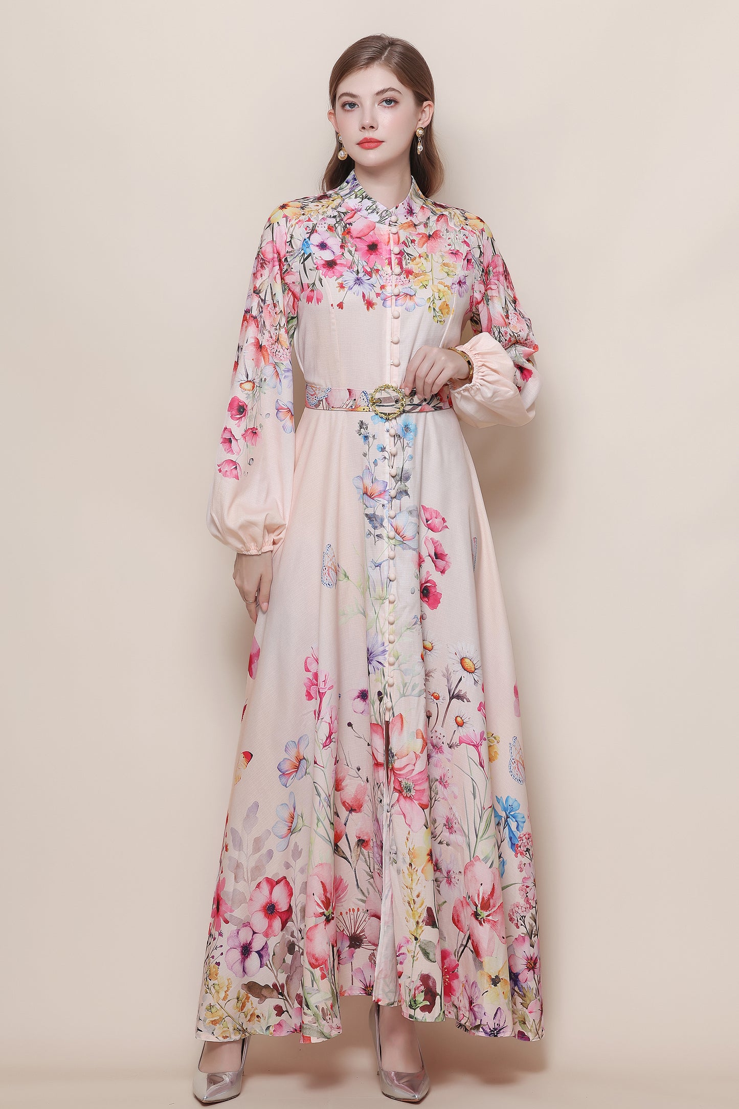 26-Women's Floral Print Puff Sleeve Button Maxi Dress - LAI MENG FIVE CATS