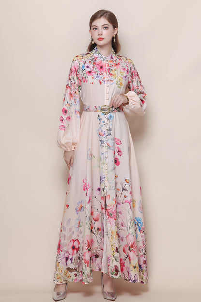 26-Women's Floral Print Puff Sleeve Button Maxi Dress - LAI MENG FIVE CATS