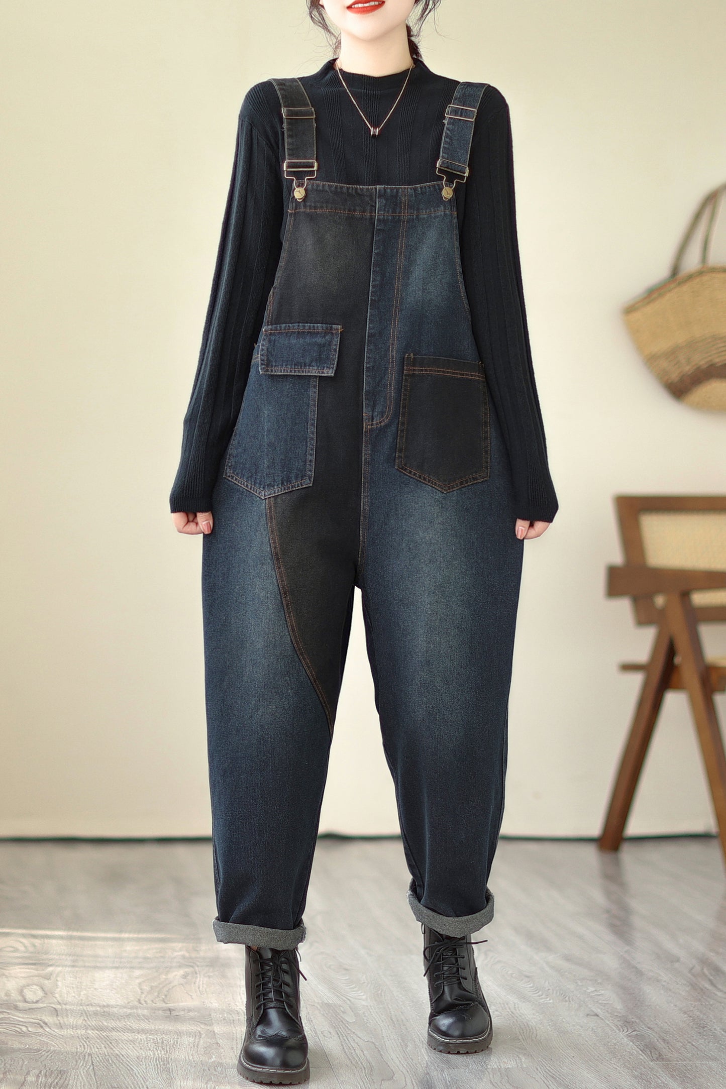 Stretchy Loose Bib Overalls with Pockets