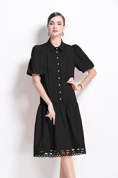 Women's Puff Sleeves Collar Hollow Embroidery Midi Dress