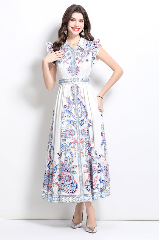 Women's Floral V Neck Sleeveless Ruffles Maxi Dresses