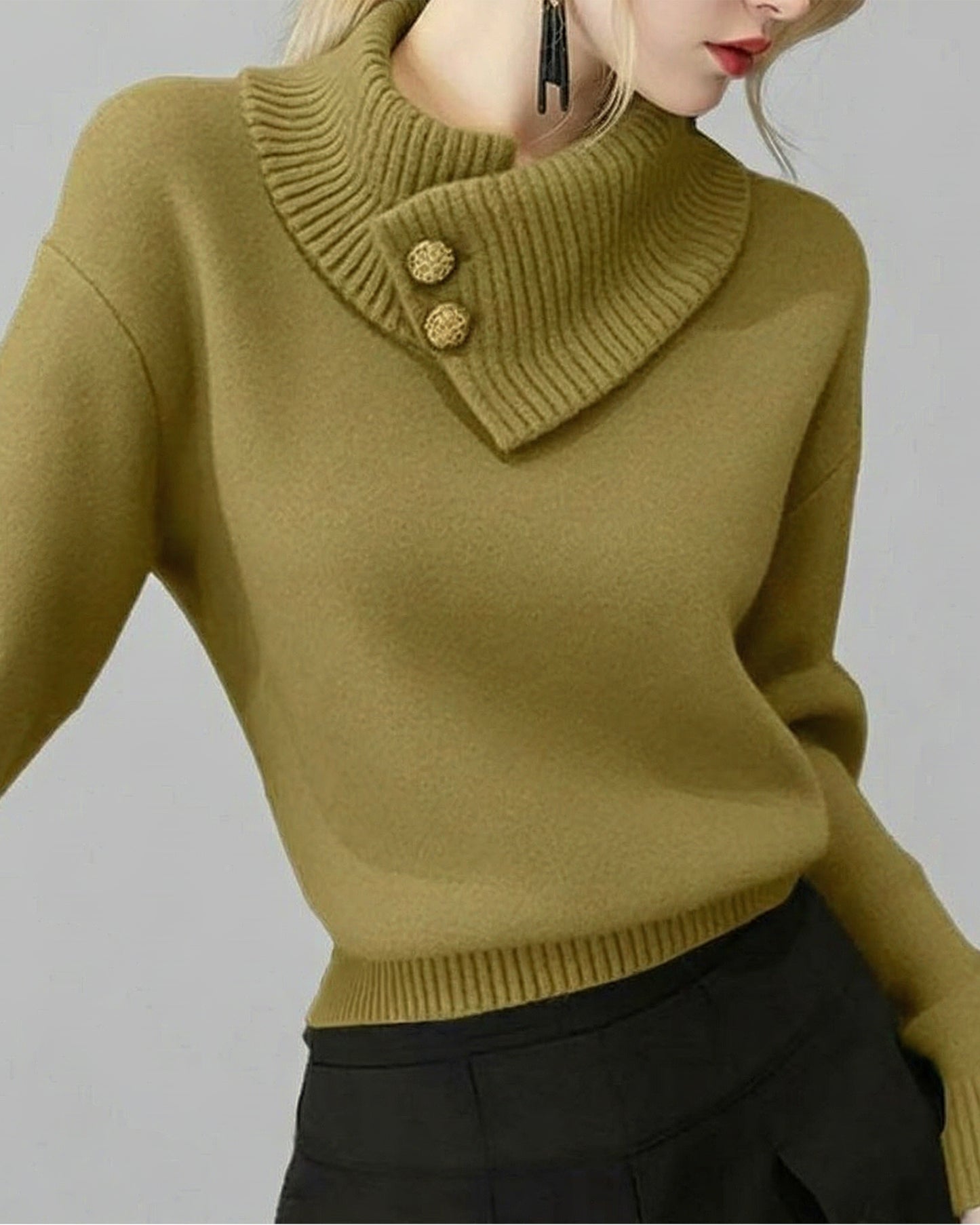 Women's Fine-Knit Funnel Neck Top — Asymmetric Fold Collar with Button Detail