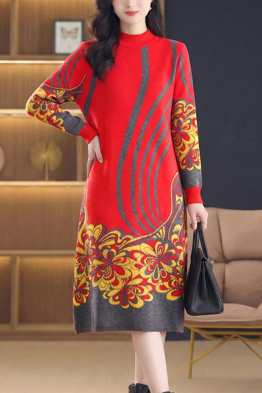 Women's Long Sleeve Knit Stretch Sweater Midi Dress