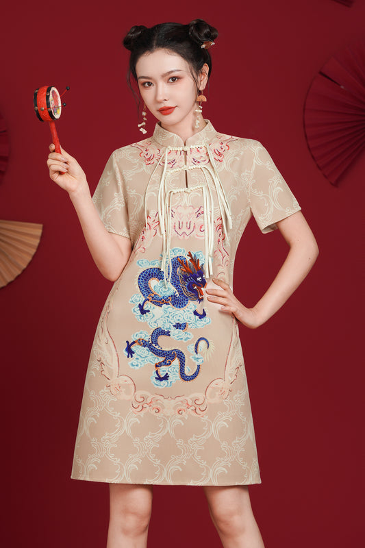 Women's Chinese Cheongsam Print Side Slit Mini Dress